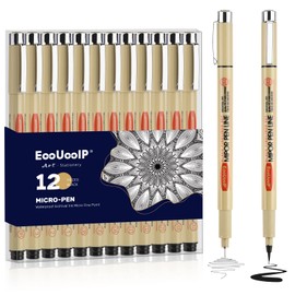 EooUooIP Micro Pen Fineliner Ink Pen, 12 Pack Fineliner Pens Set, Black Pigment Pen Fineliners Art Supplies Fine Point Sketch Pens Shading drawing Technical Drawing pen for Artist, Kids or Adult