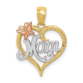 Bijou 14k Two Tone Gold Solid Polished Finish MOM with Butterfly Design Heart Pendant