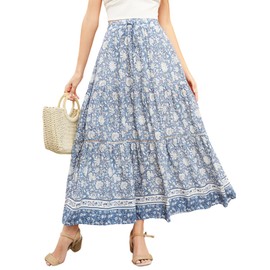 R.Vivimos Womens Summer Cotton Vintage Floral Print Boho Casual Ruffled Flowy Maxi Skirt (Medium, LightBlue)