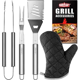 GRILLART Grill Tools Grill Utensils Set - 3PCS BBQ Tools, Stainless Barbeque Grill Accessories - Spatula/Tongs/Fork, with Insulated Glove, Ideal BBQ Set Grilling Tools for Outdoor Grill, Gifts for Men