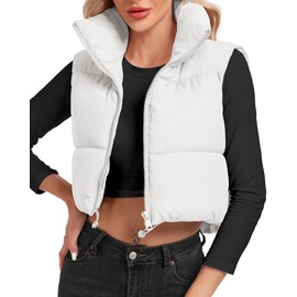 Cityork Women's Cropped Puffer Vest Lightweight Sleeveless Warm Vests For Women Winter Stand Collar Padded Gilet White M