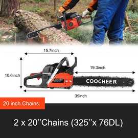 COOCHEER 20 Inch Gas Chainsaw, 62cc Gas Powered Chainsaws 3.5HP 2-Cycle Petrol Handheld Gasoline Chain Saw for Tree Wood Cutting, 2 Chains Included