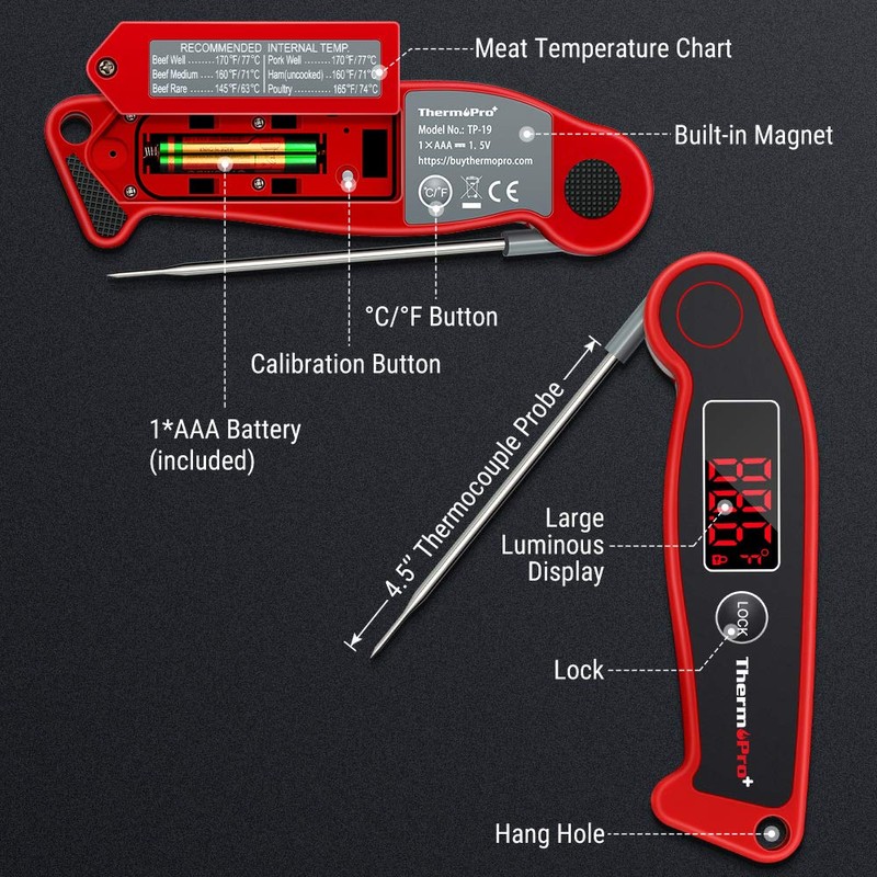 TempPro TP19 Waterproof Digital Meat Thermometer for Grilling with Ambidextrous