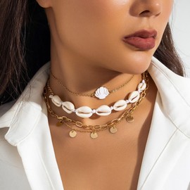 Bohemian Seashell Starfish Necklace,Dainty Layered Pearl Necklaces 14K Gold Plated Shell Starfish Pedent Pearl Choker Necklace for Women Beach Jewelry Gifts (Style-B)