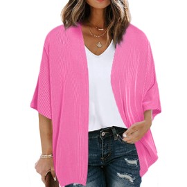 Eytino Women Plus Size Cardigan 2025 Summer Half Sleeve Ribbed Knit Beach Cover Up Tops,4X Sachet Pink