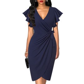oten Womens Deep V Neck Ruffle Sleeve Sheath Casual Cocktail Party Work Faux Wrap Dress Navy Blue Medium