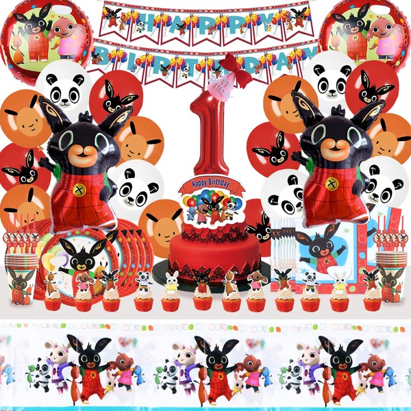 101 Piece Bing Birthday Decoration Set, Bing Party Tableware, Bing Birthday Decoration 1 Year, Bing Balloons, Plates, Napkins, Cups, Straws, Tablecloth, Bing Party