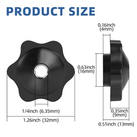 1/4-20 Knob 6 Star Knobs, Plastic Hand-Tighten Thumb Nuts, Hex Head Knurled Grip Female Thread Through Hole Clamping Screw-On Thru Knobs, Zinc Plated Carbon Steel, Black, 4 PCS