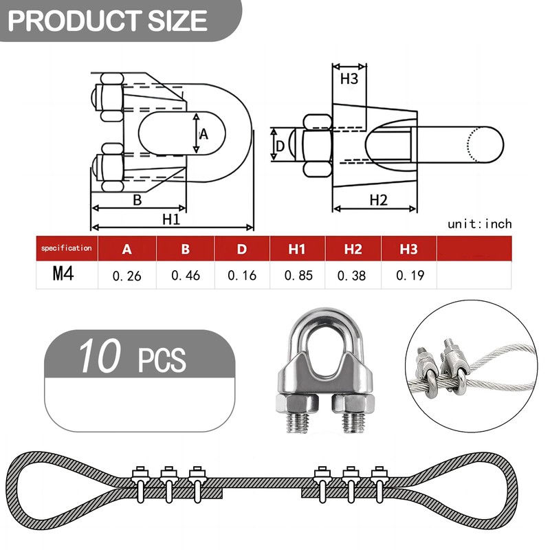 Bailinks 10 Pcs Wire Rope Clamp M4, 304 Stainless Steel