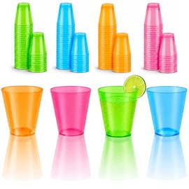 Stumbelina 100 COUNT (1 oz) NEON PLASTIC SHOT GLASS CUPS | Disposable BRIGHT MULTI-COLOR Variety Pack | Glow Party Disco Rave Trinkets Decorations Accessories Decor