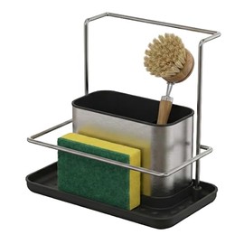 Relaxdays Sink Organiser, with Drip Tray and Sponge Holder, H x W x D: 19 x 21 x 12 cm, Kitchen Sink Set, Stainless Steel, Silver
