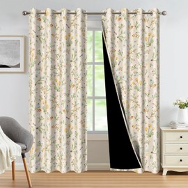 Xiazhilaio Whimsical Patterned Blackout Grommet Curtains 63 Inch Length 2 Panels, Cottagecore Botanical Thermal Curtain Drapes for Bedroom Living Room Nursery Sliding Door, 52W x 63L