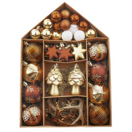 Valery Madelyn Christmas Baubles,70pcs 3-9cm Shatterproof Christmas Baubles Pack with Tree Topper, Woodland Copper and Gold Christmas Ball Ornaments for Tree Decoration,House Shape Packing