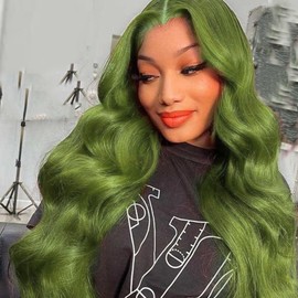 AFBeauty Highlight Green Lace Front Wig Body Wave Glueless Lace Wigs Olive Green Long Curly Wavy Pre Plucked Wig with Baby Hair Synthetic Heat Resistant Fiber Hair Colorful Wigs for Women Daily 24 Inch