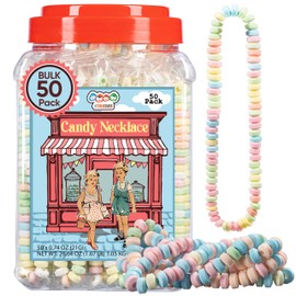 50 Candy Necklaces Individually Wrapped, Choker Style, Nostalgic Pastel Candy Jewelry Perfect for Party Favors, Pinata Fillers and Goodie Bags, Packed in a Convenient Display Tub, By 4YoreElves