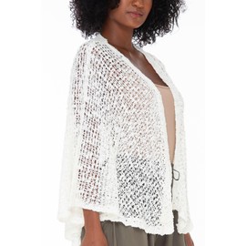 SHU-SHI Lightweight Open Front Cardigan for Women Hollow Out Sweater Knitted Poncho Batwing Loose Popcorn Shawl Boho Wrap Off White