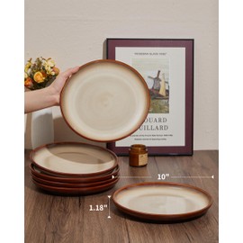 Pokini 10 Inch Dinner Plates Set of 6, Porcelain Round Dessert Plates, Serving Plates, Salad Plates Set, Microwave & Dishwasher Safe, Brown and Yellow