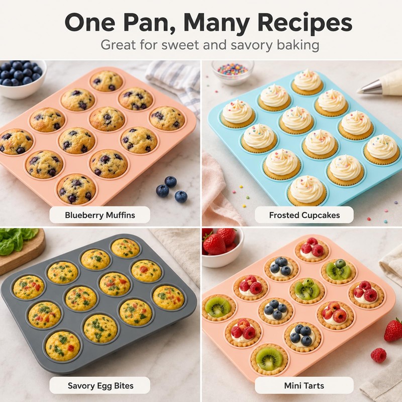 3‑Pack 12‑Cup Mini Silicone Muffin Pan, Non‑Stick Mini Cupcake Baking