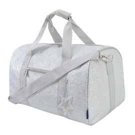 NGIL Super Star Duffle Bag, Large Dance Bag & Travel Bag for Sports, Gymnastics and Ballet with Adjustable Strap, Zippers, Pockets (Glitter-Silver, Large)
