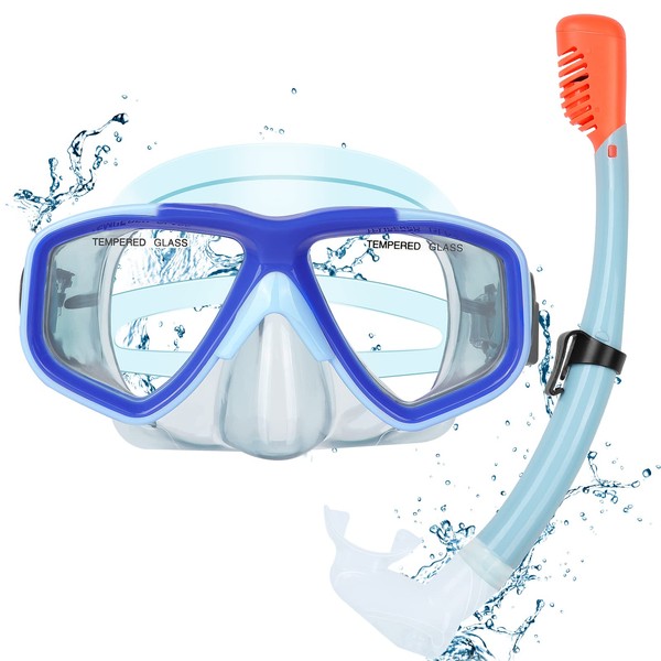 KUYOU Kids Snorkel Set, Dry Top Snorkel Mask Snorkeling Gear Anti-Fog Wide View Diving Mask Snorkeling Package Set for Child Youth Junior Teens Boys Girls (Sea Sky Blue)