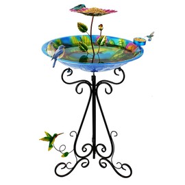DREAMSOUL 20" Hummingbird Bird Bath Stand, Metal Deep Bird Bath for Outside with Folding Bracket, 2 in 1 Birdbath and Feeder for Garden Lawn Yard
