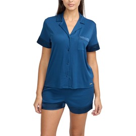 BCBGMAXAZRIA Women's Pajama Set Sleeve Notch Collar with Shorts, Blue Ribbed