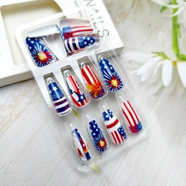 24 Pcs Medium 4th of July Press on Nails Coffin Fake Nails with American Flag Fireworks Design Red White Blue Acrylic Fake Nail Full Cover Artificial Nails USA Holiday Nail Decoration for Women