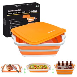 Alpine Elevation Collapsible Large (8L) BBQ Marinating Tub w/Prep Board, Multi-Function Grill Caddy w/Colander & Lid, Portable Silicone Dish Bowl for Picnic, Tailgate, Camping - Bold Orange