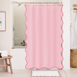 ORTIGIA Pink Scalloped Small Stall Shower Curtain, Cute Pink Ruffle Shower Curtains Boho Pretty Aesthetic Preppy Waterproof Fabric Girls Bath Bathroom Decor with Metal Hook 36 W x 72 H Inch