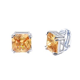 LAVINA Funky Solitaire Earrings Series - CZ Square Fancy Cut Clip On Earrings For Women Mom Men Fashion Wedding Party Prom Christmas Gift Jewelry (Champagne)
