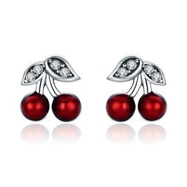 Kerraom Cherry Earrings S925 Silver Small Cute Madame Earrings Girls Anti-Allergy Temperament Women's Gift Girls Daughter Granddaughter Stud Earrings, Sterling Silver Cubic Zirconia, Cubic Zirconia