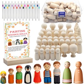 AuroraTurn 72 PCS Fun Baby Shower Games Painting Kit, 45 DIY Wooden Blank Dolls for Coloring with Box, 24 Acrylic Marker Pens for Baby Shower Gender Reveals Party Activities