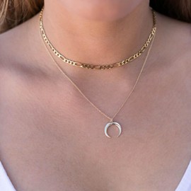 Allereya Boho Layered Moon Choker Necklace Celestial Moon Pendent Necklace Gold Crescent Moon Necklace Figaro Chain Collar Necklace Ox Horn Necklace Jewelry for Women