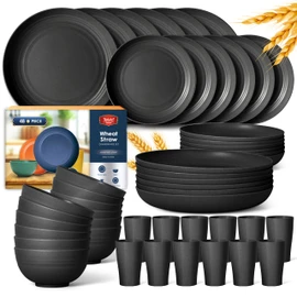 Teivio 48-Piece Kitchen Plastic Wheat Straw Dinnerware Set, Service for 12, Dinner Plates, Dessert Plate, Cereal Bowls, Cups, Unbreakable Outdoor Camping Dishes, Apartment Dinning Essentials,Black