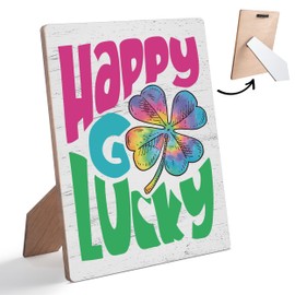 St Patricks Day Wooden Table Sign, Happy Go Lucky, 5 x 7 Inch Irish Home Wall Decor, Shamrock Sign, St Patricks Day Decor for Home Office Bedroom - DF06