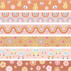 Abilat 69Ft Groovy Bulletin Board Borders 60 Sheets Boho Straight Border Strips Retro Hippie Classroom Decor Daisy Rainbow Hippie Bulletin Board Stickers for School Classroom Office Decorations