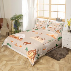 Rustic Deer Duvet Cover Queen Size,Happy Camping Tent Bedding Set for Boys Kids Teens,Hunting Animal Camper Comforter Cover,Vintage Moose Fox Tree Bed Sets with 2 Pillowcases Home Room Decor
