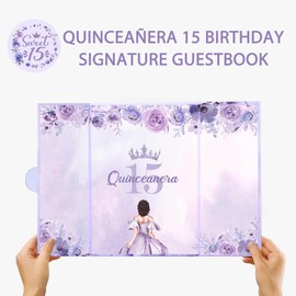 DARUNAXY Purple 15th Birthday Party Decorations for Girls, Feliz Quinceanera 15 Alternative Signature Guest Book Mis Quince Hello 15 Signing Card Board Party Supplies Sweet 15 Years Old Birthday Gifts