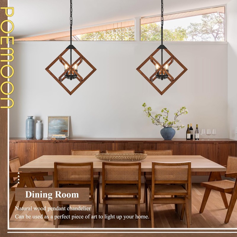 Poemoon 18" Farmhouse Wooden Chandelier 4-Light Geometric Pendant Lighting