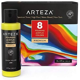 ARTEZA Acrylic Pouring Paint Set, 8 Rainbow Colors, 4 oz Bottles, High-Flow Paint, No Mixing Needed, Art Supplies for Canvas, Glass, Paper, Wood, Tile, and Stones