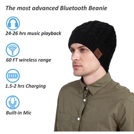 MUSICBEE Bluetooth Beanie，Bluetooth V5.2, 24 Hour Play time, Built-in Microphone and HD Stereo Speakers, Wool Lined for Outdoor Homes and Gifts - Neutral(Black