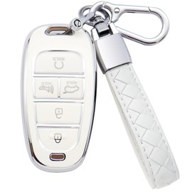 Teenpull for Hyundai Key Fob Cover 5 Button with Leather Keychain Soft TPU 360 Degree Protection Car Key Case Shell Holder Fits for 2024 2023 2022 2021 2020 Hyundai Sonata Santa fe Tucson (White)