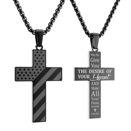 HOFOYA American flag black cross pendant necklace with Inspiring bible quote psalm 20:4 for men teen boys,independence day birthday graduation gift for friends or family.