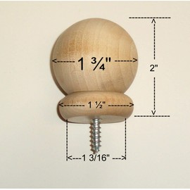 Round Wood Ball Finial - 1 3/4" with 3/16" Screw for 1" or 1 1/8" Curtain Rod Ends/Closet Rods/Post Caps