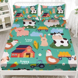 Smell Sunshine Farm Animal Sheets Set 4Pcs for Kids,Cartoon Cow Chicken Sheep Printed Sheet Set with 1 Flat Sheet and 1 Fitted Sheet + 2 Pillowcases(Farm Animal Twin)