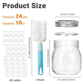 Glass Regular Mouth Mason Jars, 24 Pack 10 oz Wide Mouth Glass Canning Jars with Silver Aluminum Lids and Bands, Airtight Jars for Food Storage, Canning, Overnight Oats, Fermenting, Pickling, Decor