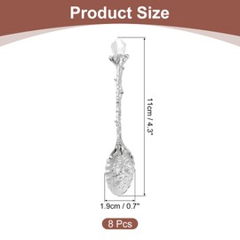 sourcing map 8 Pcs Retro Spoons, 4.3 Inch Crystal Alloy Coffee Spoons,Vintage Carved Tea Spoon Leaf Flower Pattern Dessert Spoon Ice Cream Spoons for Stirring Mixing Silver Tone