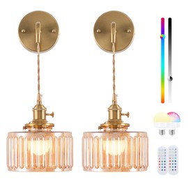 Rnzziw Vintage Battery Operated Wall Sconce with Adjustable Chain,Rechargeable Wireless Wall Sconces with Remote Control,Brass Vintage Wall Lamp for Living Room Bedroom Set of 2 (Striped-Amber)