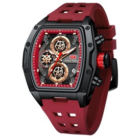 Mini Focus Men Watch Unique Tonneau Casual Wrist Watches (Chronograph/Waterproof/Luminous/Calendar) Silicon Band Fashion Watch for Men (Red&Balck)