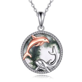 HUKKUN Dolphin Necklace Sterling Silver Moss Agate Dolphin Jewellery Gifts for Women Girls